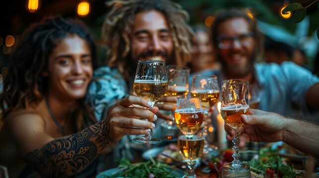 Group of multi ethnic friends having backyard dinner party together - Diverse young people sitting at bar table toasting beer glasses in brewery pub garden