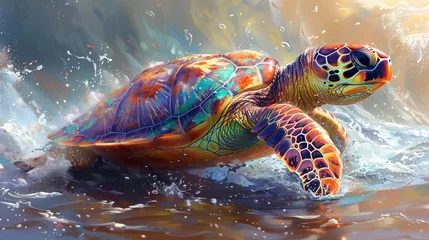 Papier Peint photo Denali A breathtaking portrayal of a turtle, its shell a tapestry of vivid paint splashes against a backdrop ablaze with a kaleidoscope of colors, evoking a sense of wonder and awe-1
