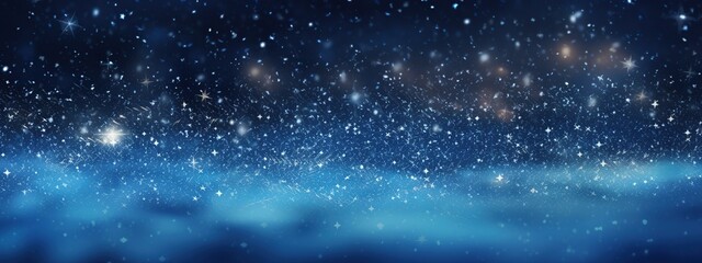 Fototapeta premium Abstract panoramic snowy at night and starry in winter season. Beautiful sky and stars view on blurred background.