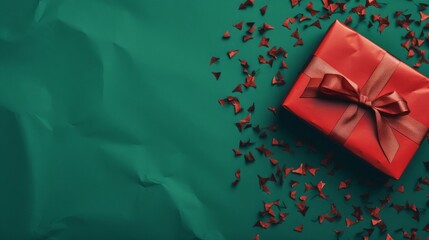 A gift wrapped in red on green background - obrazy, fototapety, plakaty