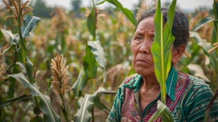 A farmer looks despondently at her withering crops noting the decrease in yield and quality compared to previous years. Despite implementing sustainable farming ods the constant demand . - obrazy, fototapety, plakaty