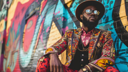A dapper black man strikes a pose in an urban setting showcasing his eclectic style. He wears a mix of traditional African prints with avantgarde accessories creating a bold and unique .