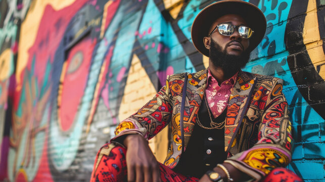 A dapper black man strikes a pose in an urban setting showcasing his eclectic style. He wears a mix of traditional African prints with avantgarde accessories creating a bold and unique .