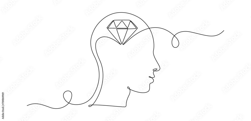 Poster human head with diamond inside in one continuous line drawing. genias inspiration and perfection cre