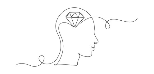 Human head with diamond inside in One Continuous line drawing. Genias inspiration and perfection creative idea concept in simple linear style. Editable stroke. Doodle Vector illustration