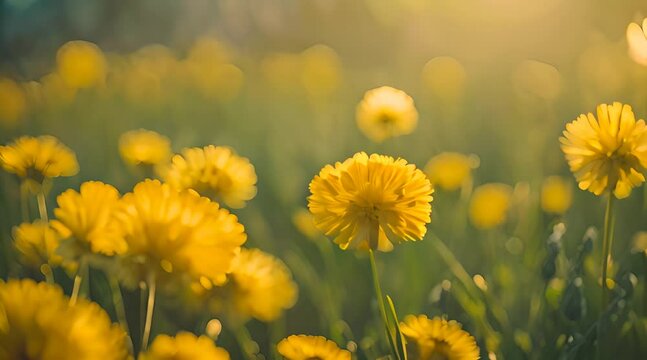 Close-Up of Yellow Dandelion Flowers in a Field at Sunset A Soft Focus Floral Background