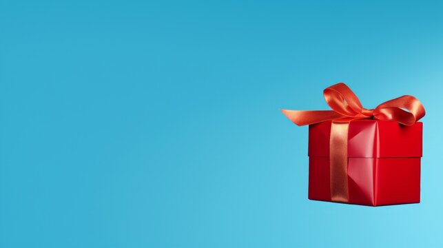 A gift wrapped in red on blue background