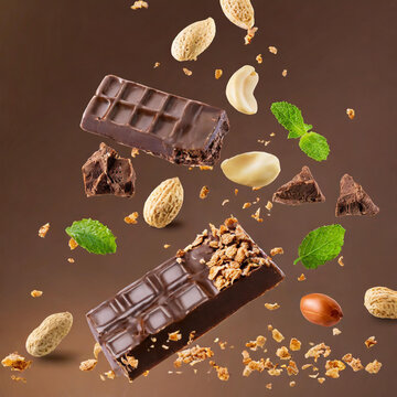Chocolate bar wafer falling with choc flake in the air isolated on background, peanut crispy snack, dessert sweet concept, piece of dark chocolate.