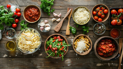 8w salads rice pastas sauces on a wooden table - obrazy, fototapety, plakaty