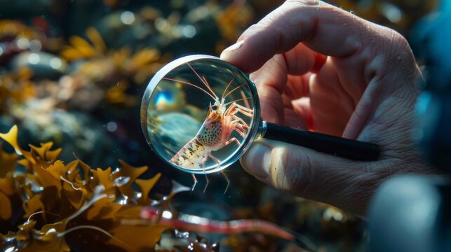 A marine biologist holds up a magnifying glass to examine a tiny shrimp amidst a bustling tide pool noting the relationships between this tiny creature and its surroundings in the .