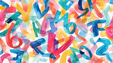 Uncover vibrant watercolor Latin alphabet letters dancing across a colorful backdrop in a captivating seamless pattern, adding lively charm to any space. Ideal for vibrant setting