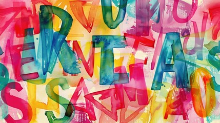 watercolor-inspired Latin alphabet letters in a captivating seamless pattern, splashed across a colorful backdrop, creating a visually stimulating design