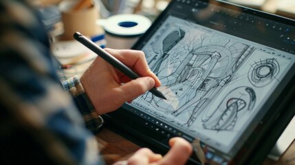A creative professional sketching designs on a digital tablet with a stylus, the screen displaying a fusion of art and technology in their creative process. - obrazy, fototapety, plakaty