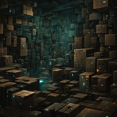 brown and black background with brown and black squares, in the style of mechanized forms, boldly fragmented, dark teal - obrazy, fototapety, plakaty