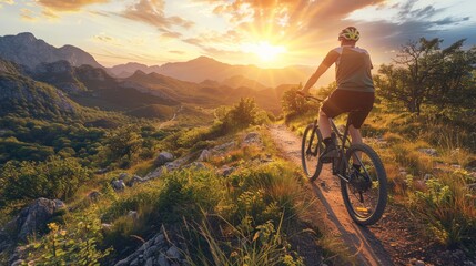 Fototapeta premium A cyclist on a mountain trail at golden hour, the setting sun casting a warm glow over the landscape, illustrating the thrill of exploring nature on two wheels.