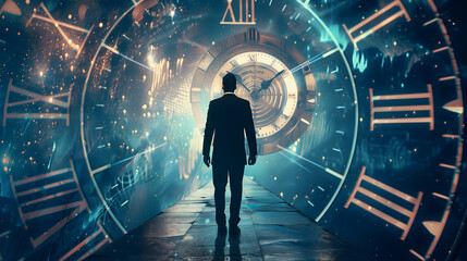 A businessman walking through an interdimensional portal surrounded by clocks and time traveler concept art