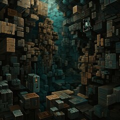 brown and black background with brown and black squares, in the style of mechanized forms, boldly fragmented, dark teal - obrazy, fototapety, plakaty
