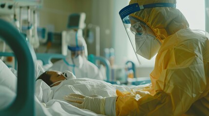 A dedicated healthcare worker in PPE gear caring for a patient in an isolated ward, showcasing the compassion and resilience of medical professionals during challenging times. - Powered by Adobe