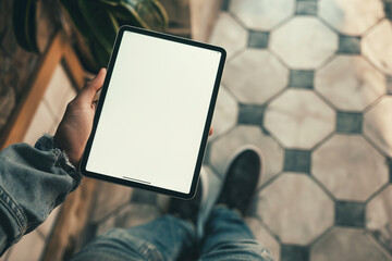 A close up photo of someone holding an Tablet with blank white screen