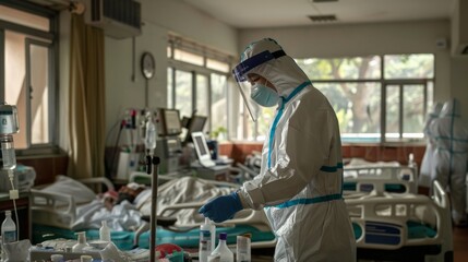 A dedicated healthcare worker in PPE gear caring for a patient in an isolated ward, showcasing the compassion and resilience of medical professionals during challenging times.