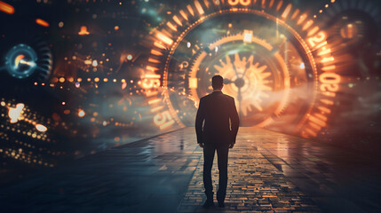 Businessman walking in the time tunnel with clock gears and lights, future concept of business development and growth path