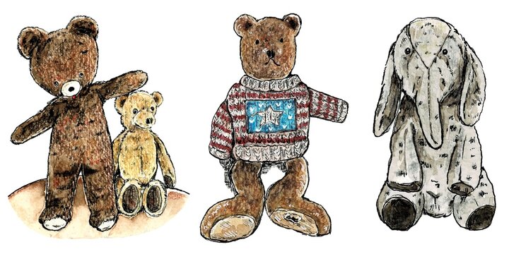 Set of antique watercolor illustrations divides bears and elephants. These are a teddy bear in clothes and an old bear. Recommended for illustrations for inserts, letterheads, handmade artists, grocer