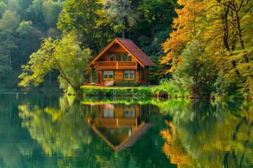 Beautifull small rest home near the lake with mirror. Green trees around the lake