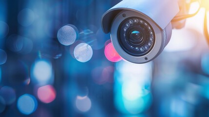 Close up of CCTV camera over defocused background with copy space - obrazy, fototapety, plakaty