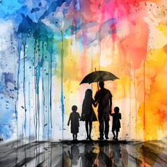 Family walking under umbrella AI generated 