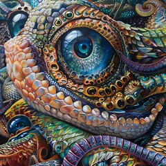 Capture the intricate details of mechanized wildlife in a vivid acrylic painting from a dramatic worms-eye view perspective