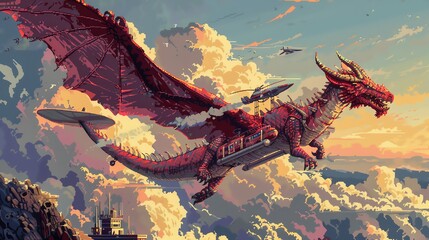 Bring a fresh perspective to the blend of mythical creatures and aviation milestones through unexpected camera angles in a digital pixel art piece Play with angles to showcase the fusion in a dynamic - obrazy, fototapety, plakaty