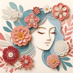 Illustration of face and flowers style paper cut  for international women's day