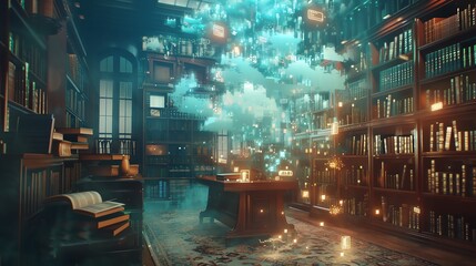 Bring the clash of financial trends and classic literature to life in a digital 3D rendering Visualize a surreal scene where graphs and literary elements intertwine in a photorealistic style - obrazy, fototapety, plakaty