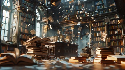 Bring the clash of financial trends and classic literature to life in a digital 3D rendering Visualize a surreal scene where graphs and literary elements intertwine in a photorealistic style - obrazy, fototapety, plakaty