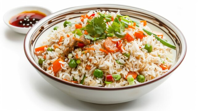 Chinese Vegetable Fried Rice in a Bowl with Side Dish on White Background.
