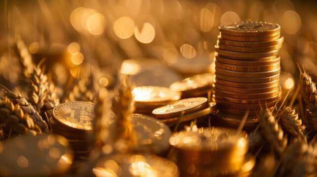 Soft outoffocus images of metallic coins and stacks of wheat represent the tangible commodities at the center of the trading world adding depth to the intricate web of global trade. .