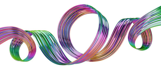 Abstract metallic flow curve. Isolated iridescent ribbon. 3D rendered art.