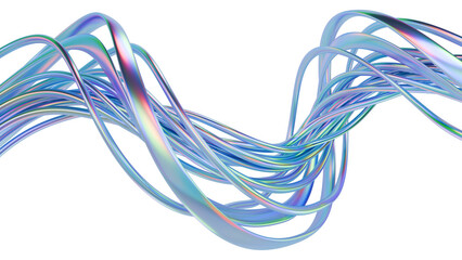Abstract twisted metallic wires. Isolated holographic cables for technology design. 3D rendered art.