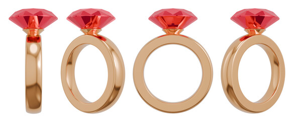 Cartoon golden wedding ring with a ruby. Engagement design elements set. 3D rendering.