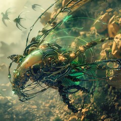 Capture mystical creatures in futuristic gadgets through a mind-bending aerial perspective Blend the otherworldly with the advanced using photorealistic digital rendering techniques