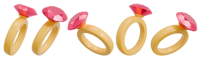 Cartoon yellow wedding ring with a ruby. Engagement design elements set. 3D rendering.