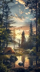 Capture the essence of nature with a new perspective! Illustrate a wilderness camping scene from an eye-level angle, using vibrant watercolors to bring out the serenity of the outdoors Show unexpected