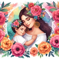 Illustration of mother with her little child, flower in the background. Concept of mothers day.