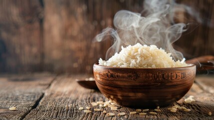 cooked rice with smoke in wooden bowl on wooden background,hot cooked rice in bowl