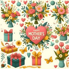A floral poster for mother's day, flower design on white background with happy mother day typography text
