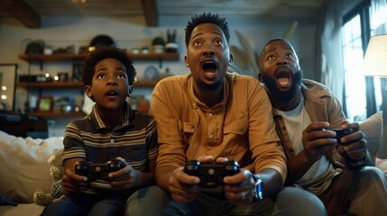 A family engaging in a multiplayer video game in the living room, their expressions ranging from intense concentration to bursts of laughter, highlighting gaming as a bonding activity.