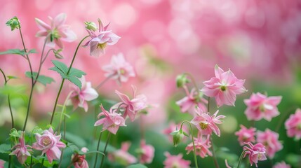 pink backdrop with flowers in summer. Frame with green foliage and blooms of aquilegia.