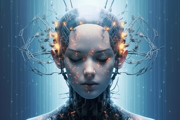 Futuristic design of an android head, with visible wires, connections, and nodes. The cybernetic elements are meticulously integrated, portraying a technological marvel and the convergence of human