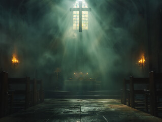 Cross on an altar, hazy church interior.