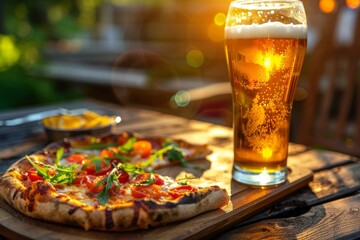 summer atmosphere. Cold beer with part of pizza on the small tabel